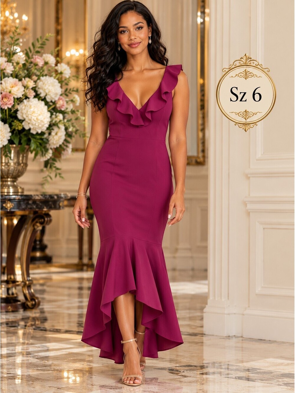 Likely | 6 | Berry Ruffle V Neck Mermaid High Low Gown